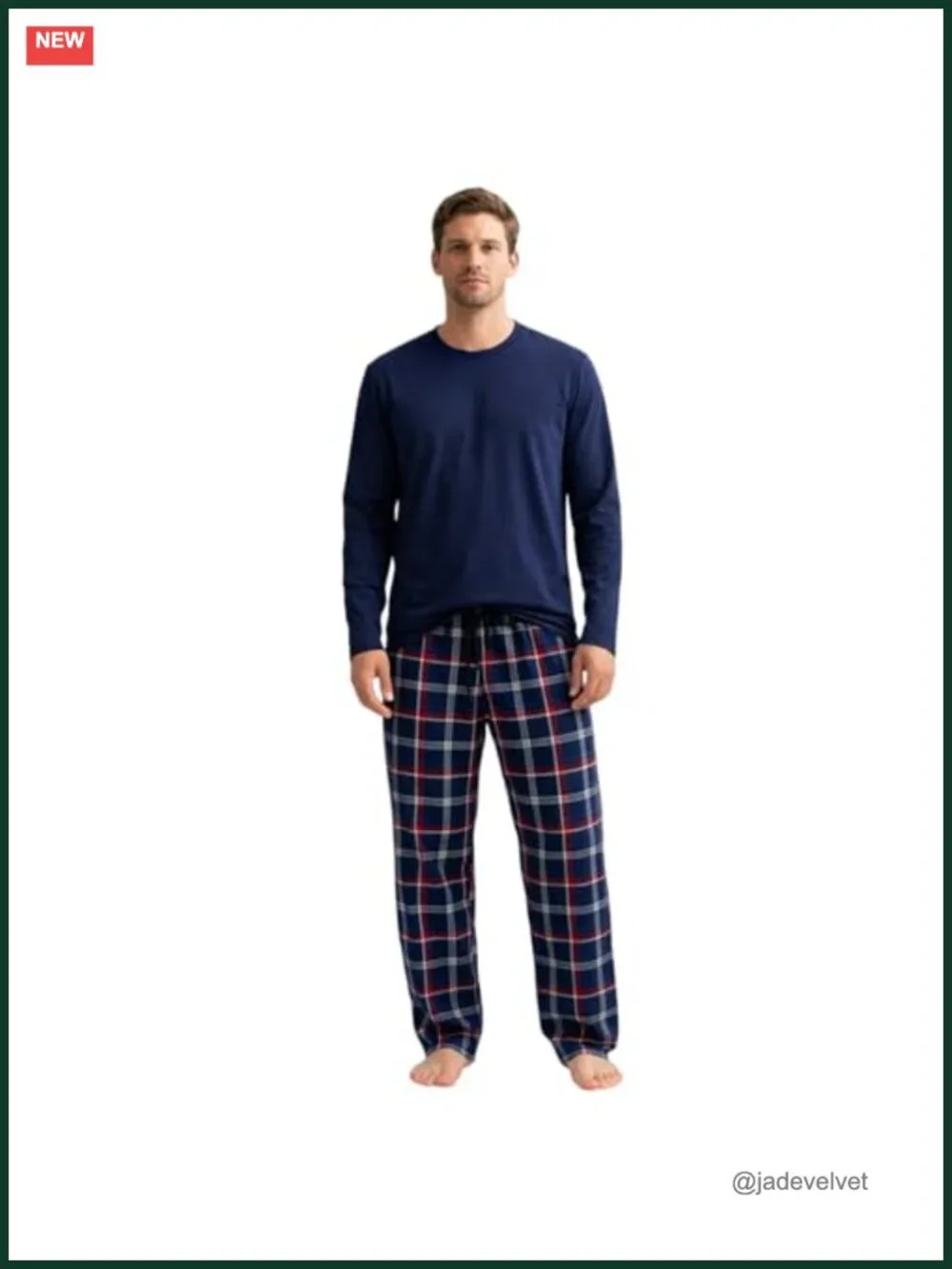 Long Sleeve Cotton Knit Tee & Plaid Pajama Pants Set with Drawstring Waist